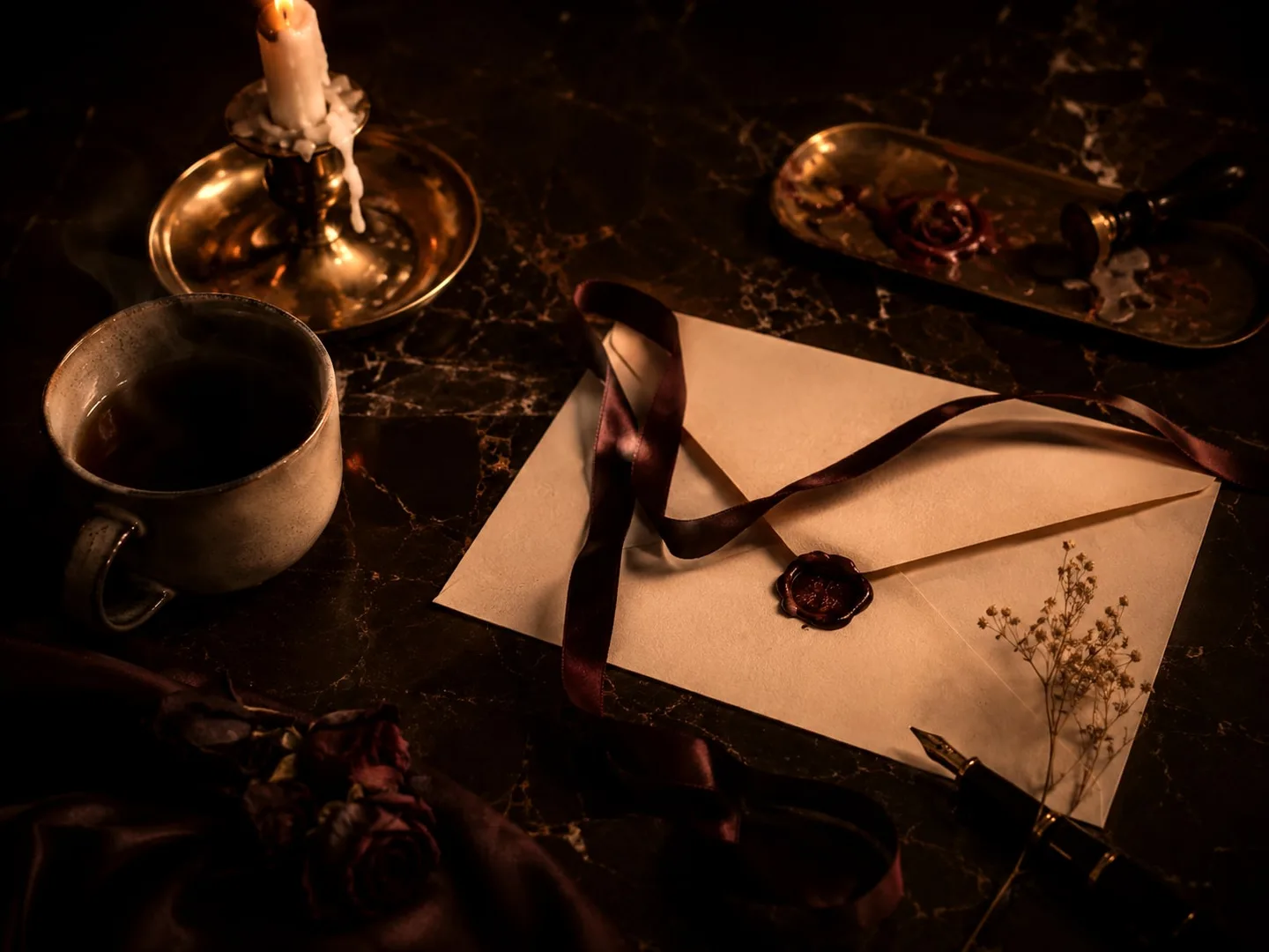 A sealed letter on a marble desk: a wax seal, a ribbon, a fountain pen, a cup of tea and a candle.